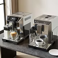 Modern Kitchen Coffee Machines On Countertop With Coffee Cups And White Plate