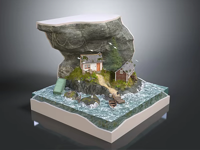 Detailed Miniature Landscape Model With Rock Formation Cottages Water Waves And Small Boat 3d model