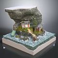 Detailed Miniature Landscape Model With Rock Formation Cottages Water Waves And Small Boat