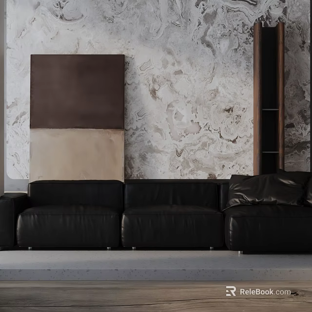 Black Leather Three Seater Sofa In Modern Interior With Marble Wall 3d model 