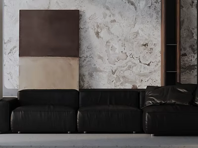 Black Leather Three Seater Sofa In Modern Interior With Marble Wall 3d model