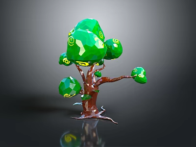 Decorative Green Tree Sculpture With Round Leaves And Yellow Spiral Patterns 3d model