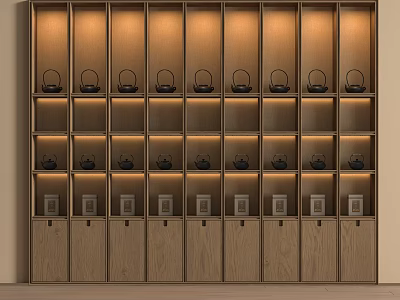 Traditional Tea Sets Displayed In Illuminated Wooden Cabinet With Multiple Shelves 3d model