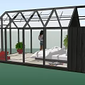 Glasshouse Bedroom Interior With Glass Walls Bed Plants And Standing Person