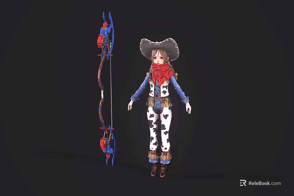 Game Movie Character Wearing Cowboy Hat Red Scarf Blue Sleeves Spotted Pants With Blue Bow 3d model 