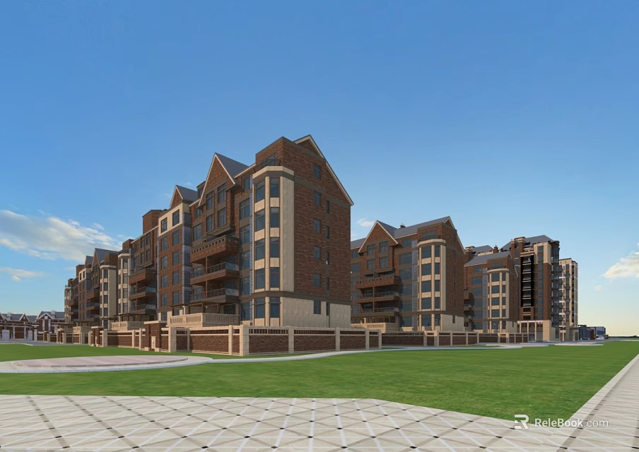 Modern Residential Building Exterior With Brick Facade Balconies Green Lawn And Clear Sky 3d model 