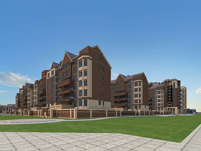 Modern Residential Building Exterior With Brick Facade Balconies Green Lawn And Clear Sky 3d model