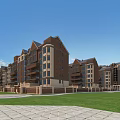 Modern Residential Building Exterior With Brick Facade Balconies Green Lawn And Clear Sky