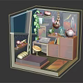Cartoon Style Room Interior With Colorful Furniture Decorative Posters Green Plants And Bookshelf