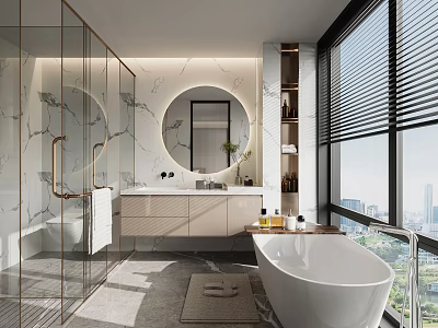 Elegant Bathroom With Glass Shower Marble Walls Round Mirror Vanity White Bathtub And City View 3d model
