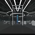 Modern Public Office Space with Glass Partitions Geometric Lighting Blue Accent and Open Workstations