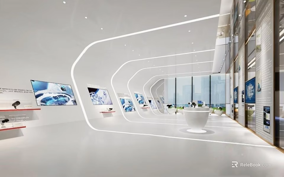 Modern Exhibition Hall Interior With Curved LED Lights Digital Screens And Large Windows 3d model 