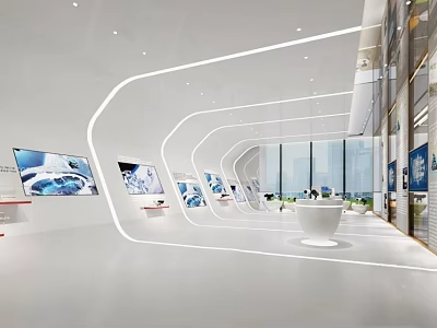 Modern Exhibition Hall Interior With Curved LED Lights Digital Screens And Large Windows 3d model