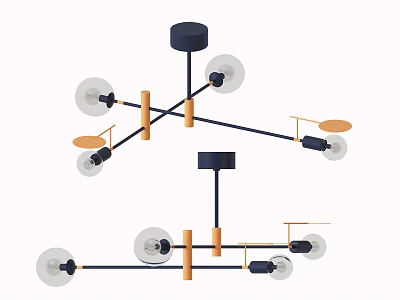 Modern Chandelier Design with Black Metal Frame Gold Accents and Transparent Globe Shades 3d model