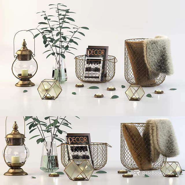 Stylish Decorative Ornament Set With Lantern Plant Magazine Basket Fur Blanket And Geometric Candle 3d model 