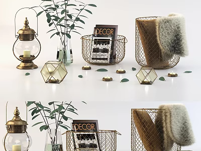 Stylish Decorative Ornament Set With Lantern Plant Magazine Basket Fur Blanket And Geometric Candle 3d model