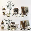 Stylish Decorative Ornament Set With Lantern Plant Magazine Basket Fur Blanket And Geometric Candle