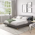Modern Bedroom With Grey Headboard White Bedding Green Blanket Wall Paintings And Bedside Tables