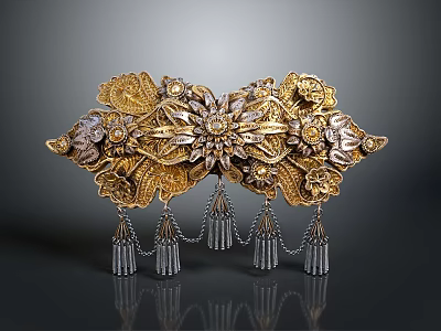 Ornate Gold Floral Hair Accessory With Crystal Tassels And Decorative Gems 3d model