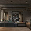 Modern Living Dining Room Interior With Dark Sofa Wooden Coffee Table Bookshelf And Concrete Walls