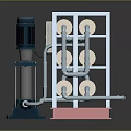 Industrial Equipment With Metal Frame And Multiple Cylindrical Components On Red Base