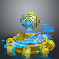 Golden Cosmic Exploration Device With Blue Circular Lens And Floating Glowing Elements 3d model