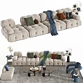 Modern Beige Upholstered Sectional Sofa with Round Coffee Table Throw Pillows and Blanket 3d model