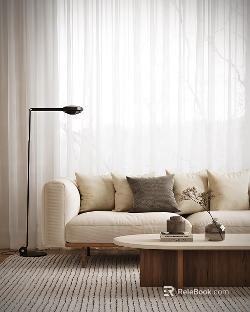 Modern Minimalist Sofa And Coffee Table Set With Beige Cushions Floor Lamp And Curtains 3d model 