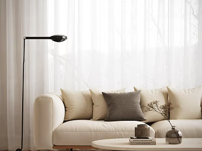 Modern Minimalist Sofa And Coffee Table Set With Beige Cushions Floor Lamp And Curtains 3d model
