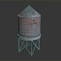 Rusty Metal Water Tower With Conical Top And Steel Support Structure