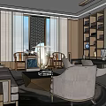 Modern Office Interior Design With Large Desk Comfortable Chairs Wooden Bookshelves And Decorative Items