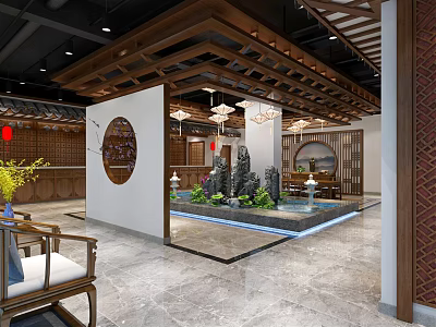 Traditional Chinese Interior Design With Wooden Structure Rockery Fountain And Red Lanterns 3d model