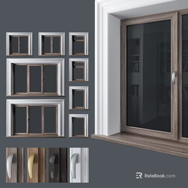 Various Casement Window Styles With Wooden Frames And Glass Panels 3d model 
