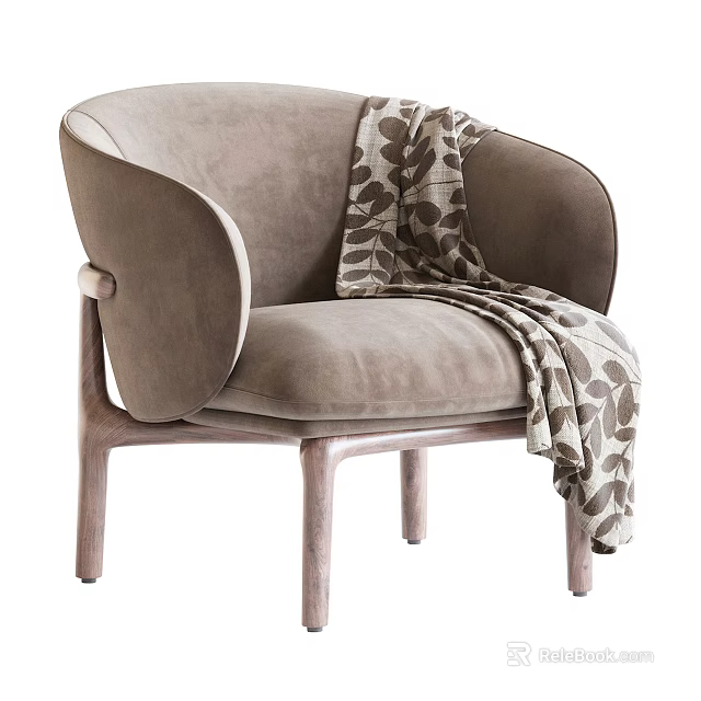 Single Sofa In Light Brown Fabric With Wooden Legs And Leaf Patterned Throw Blanket 3d model 