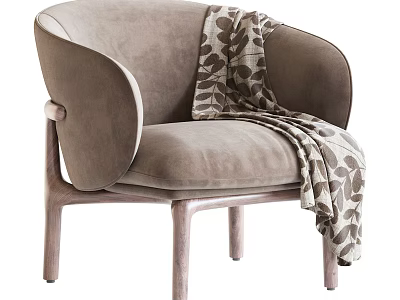 Single Sofa In Light Brown Fabric With Wooden Legs And Leaf Patterned Throw Blanket 3d model