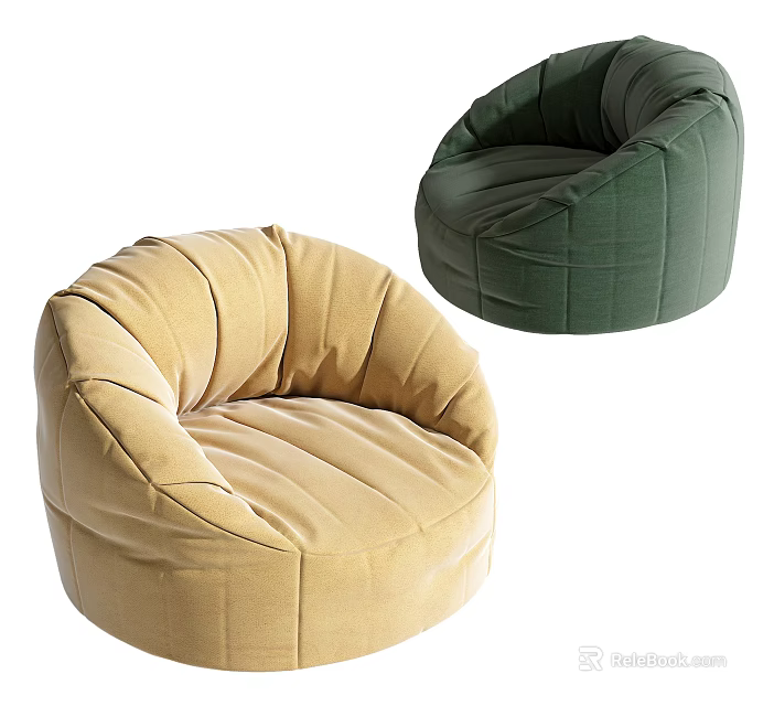 Cozy Beige and Green Bean Bag Chairs with Soft Fabric for Modern Living Space 3d model 