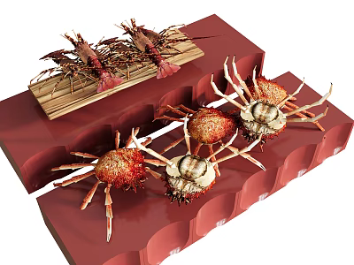 Fresh Lobsters and Crabs Displayed on Red Stand with Wooden Tray 3d model