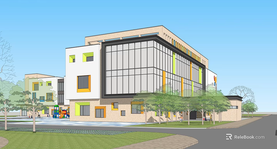 Modern Kindergarten Building With Large Glass Windows Colorful Accent Panels Outdoor Trees And Playground Area 3d model 
