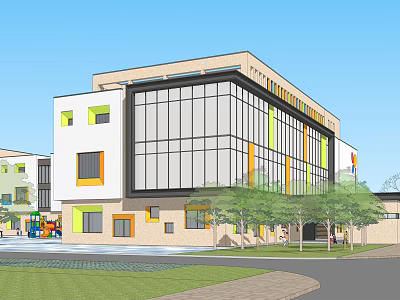 Modern Kindergarten Building With Large Glass Windows Colorful Accent Panels Outdoor Trees And Playground Area 3d model