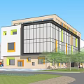 Modern Kindergarten Building With Large Glass Windows Colorful Accent Panels Outdoor Trees And Playground Area