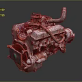 Detailed Industrial Engine With Pipes Cables Red Fan And Metal Parts