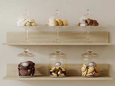Assorted Cookies In Glass Cloches And Jars On Wooden Shelves 3d model Assorted Cookies In Glass Cloches And Jars On Wooden Shelves 3d model