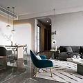 Modern Living Dining Room Interior With Gray Sofa Blue Chair Marble Floor And TV Wall