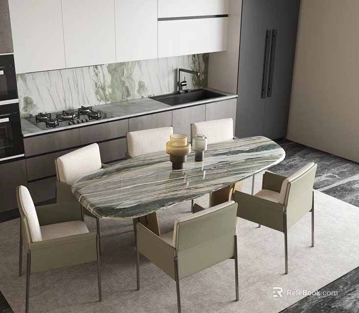 Modern Kitchen Dining Area With Elegant Marble Table And Light Green Chairs 3d model