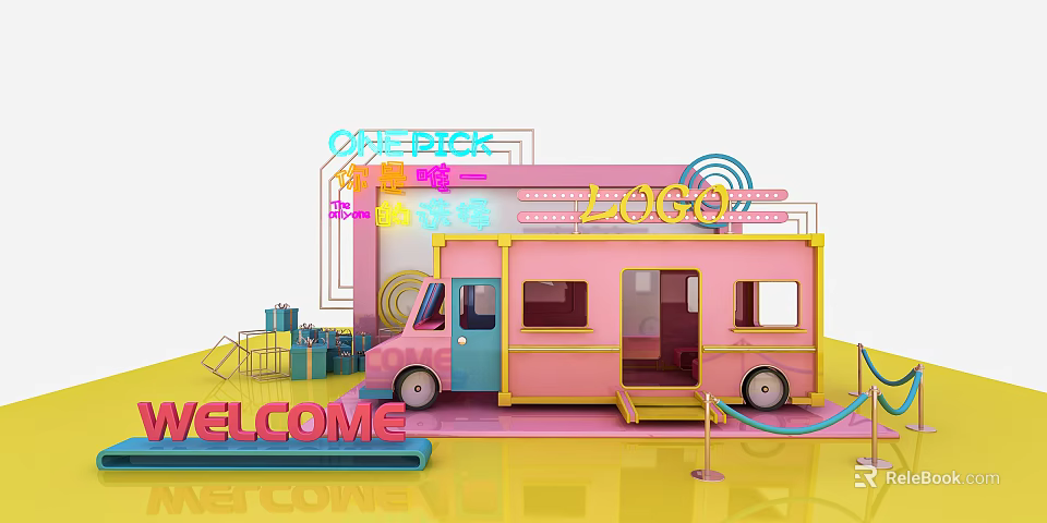 Vibrant Pink Yellow Food Truck Photo Spot With Welcome Sign And Decorations 3d model 
