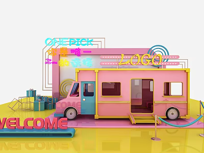 Vibrant Pink Yellow Food Truck Photo Spot With Welcome Sign And Decorations 3d model