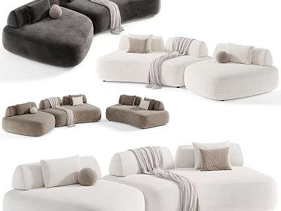 Modern Plush Sectional Sofa With Soft Pillows Knit Throws In Gray Beige And White Tones 3d model