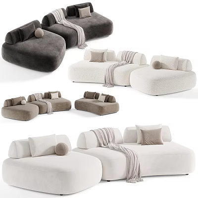 Modern Plush Sectional Sofa With Soft Pillows Knit Throws In Gray Beige And White Tones 3d model