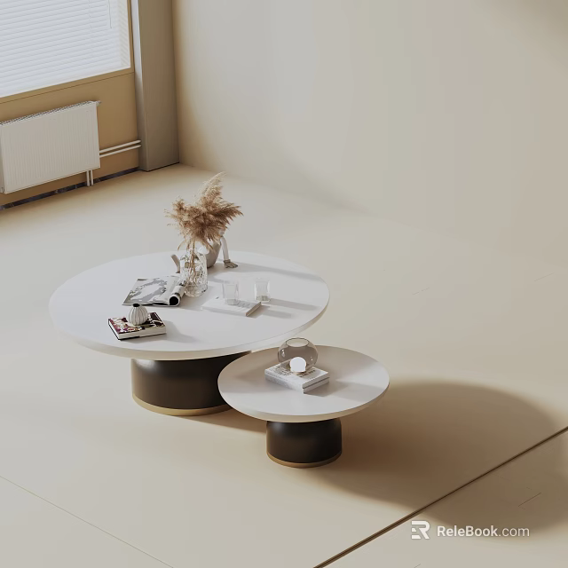 Elegant Modern Sofa Coffee Table Set With White Round Top Black Base And Decorative Items 3d model
