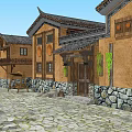 Traditional Guesthouse Architecture Along Ancient Stone Paved Street With Red Lanterns And Wooden Facades